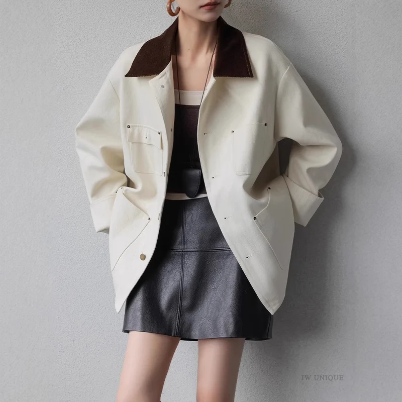 Damen Oversize-Cabanjacke aus strukturierter Baumwollmischung mit kontrastierendem Cordkragen und aufgesetzten Pattentaschen Nord Taschen