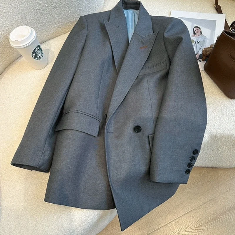 Damen Zweireihiger Oversize-Blazer mit schmalem Revers, Innenfutter & Pattentaschen Nord Taschen