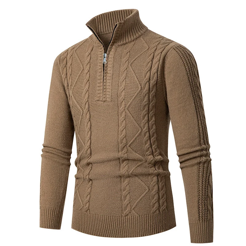 Herren Gestrickter Halbzip-Rollkragenpullover mit Zopfmuster und Rippbündchen Nord Taschen