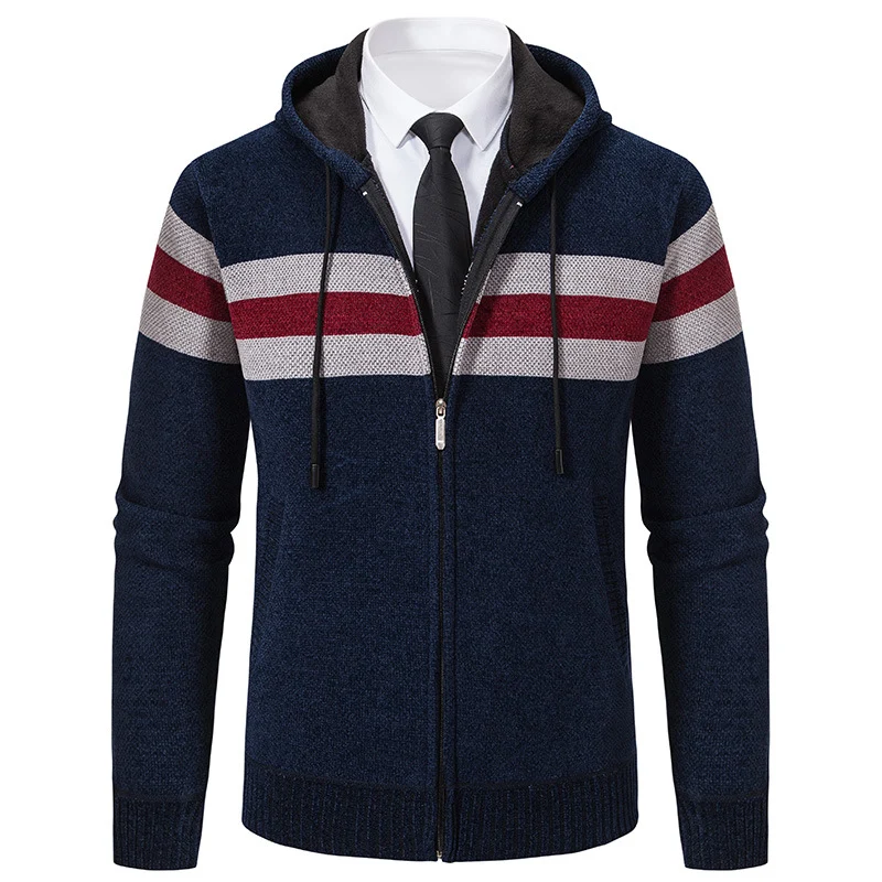 Herren Gestrickte Kapuzen-Strickjacke mit Kontraststreifen und Reißverschluss Nord Taschen