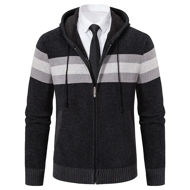 Herren Gestrickte Kapuzen-Strickjacke mit Kontraststreifen und Reißverschluss Nord Taschen