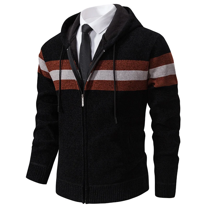 Herren Gestrickte Kapuzen-Strickjacke mit Kontraststreifen und Reißverschluss Nord Taschen