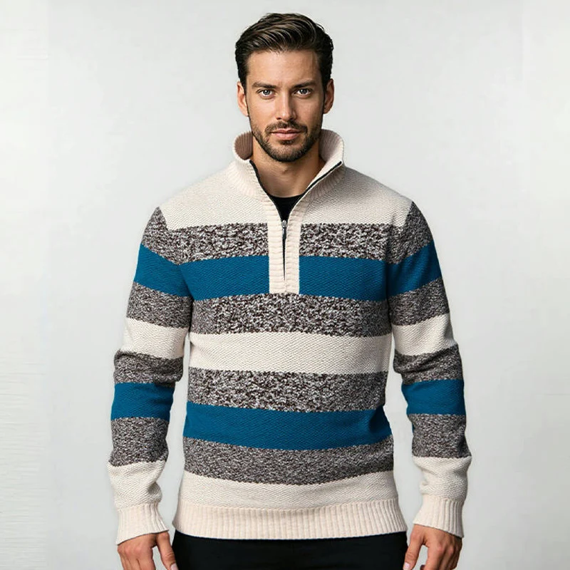 Herren Gestreifter Halbzip-Strickpullover mit Stehkragen und robuster Struktur Nord Taschen