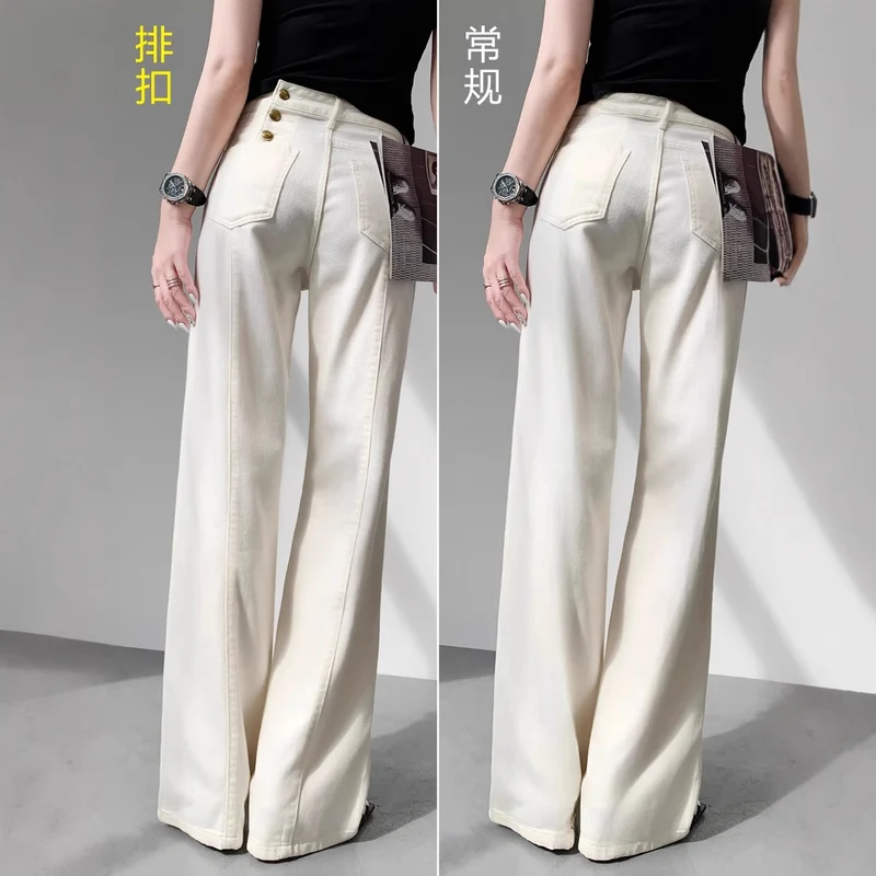Damen Hochtaillierte weite Jeanshose im Palazzo‑Schnitt mit sichtbarer Doppelknopfleiste Nord Taschen