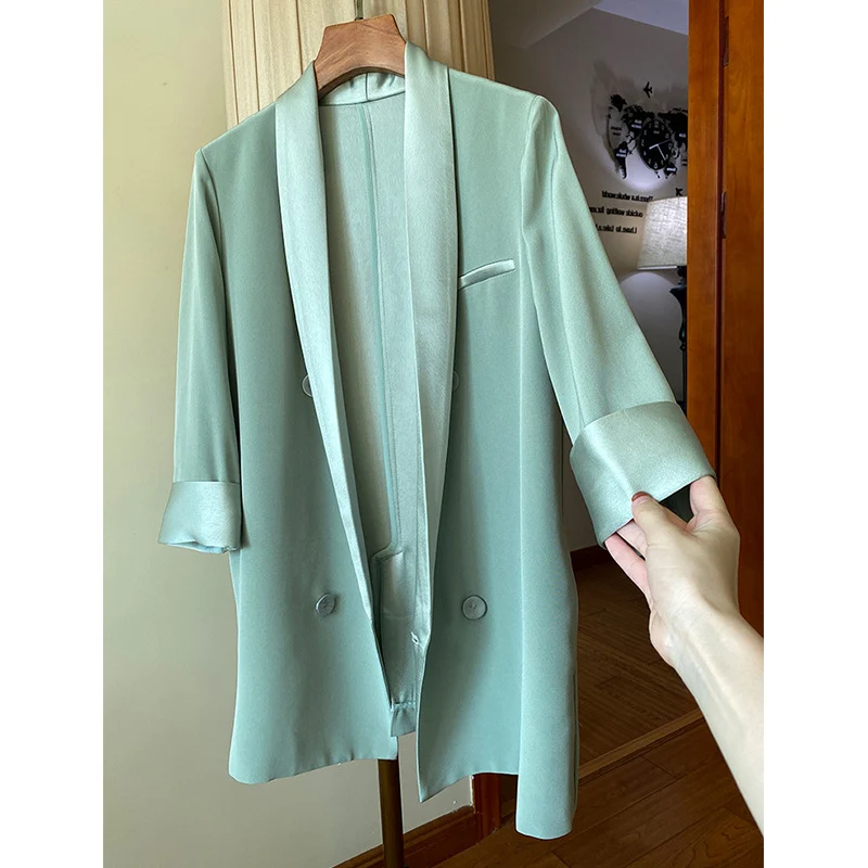 Damen Oversize-Blazerjacke mit Schalkragen und Satinbesatz Nord Taschen