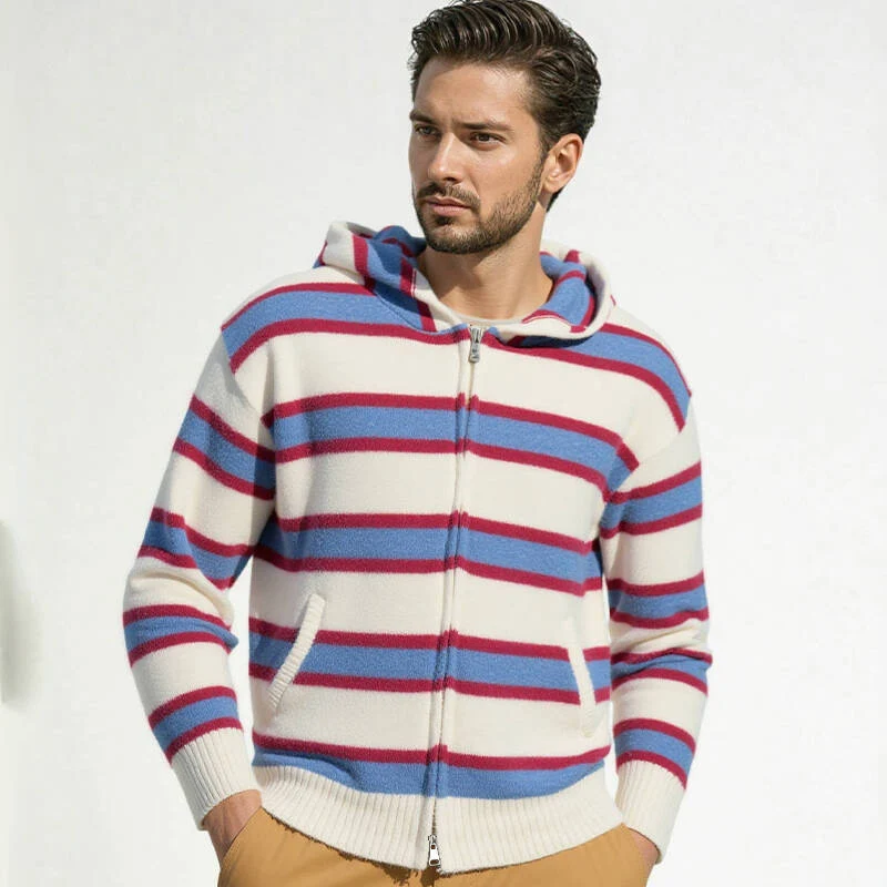 Herren Gestreifte Strick‑Kapuzenjacke mit durchgehendem Reißverschluss und Rippbündchen Nord Taschen