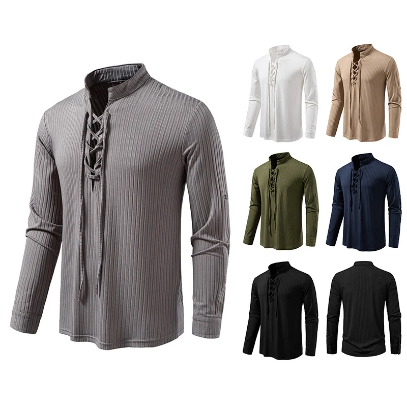 Herren Geripptes Langarm-Henleyshirt mit Schnürung und Stehkragen Nord Taschen