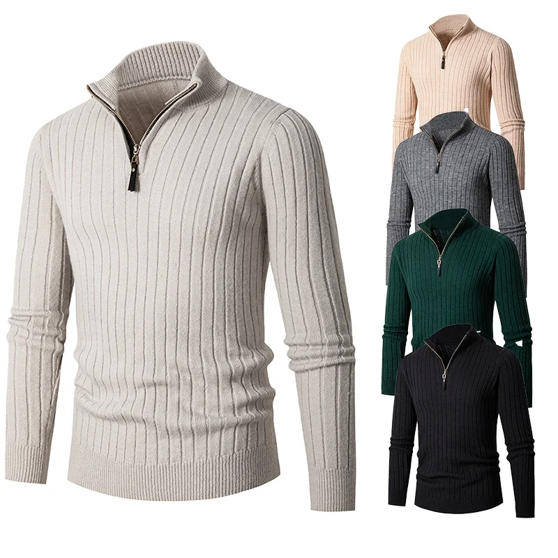 Herren Gerippter Feinstrick-Halbzip-Pullover mit hohem Kragen und Reißverschluss Nord Taschen