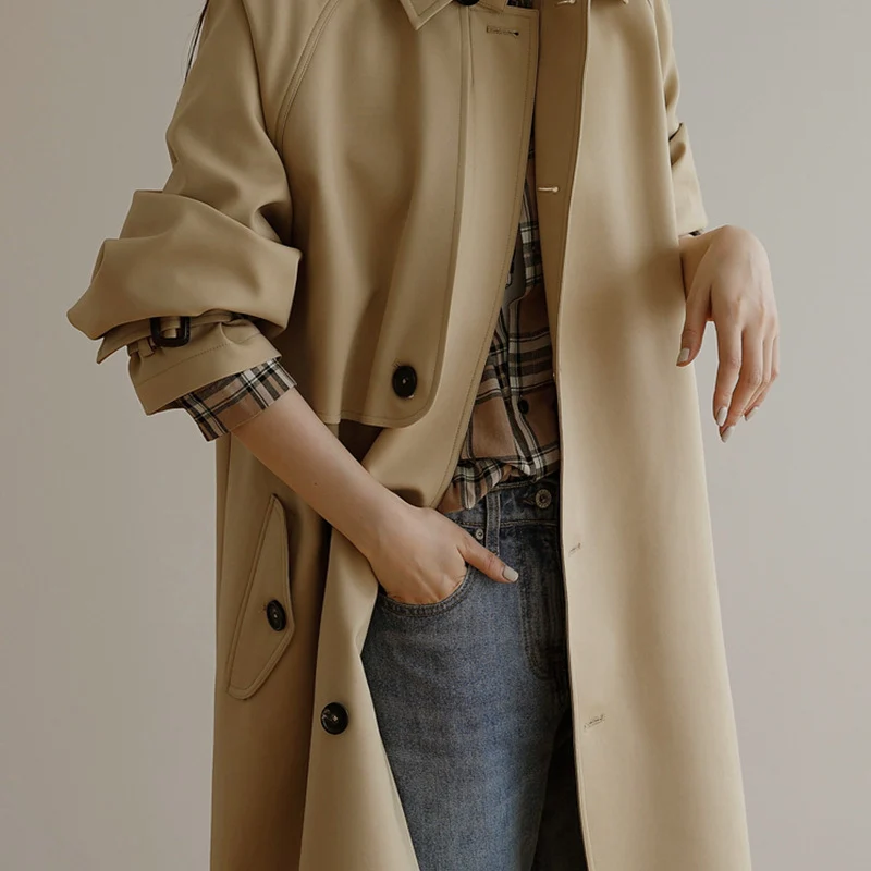 Damen Midi-Oversize Trenchcoat mit Sturmklappe und verstellbaren Manschetten Nord Taschen