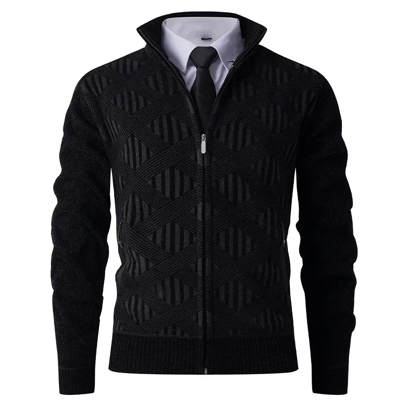 Herren Geometrischer Jacquard-Zipcardigan mit Stehkragen und Reißverschlusstaschen Nord Taschen