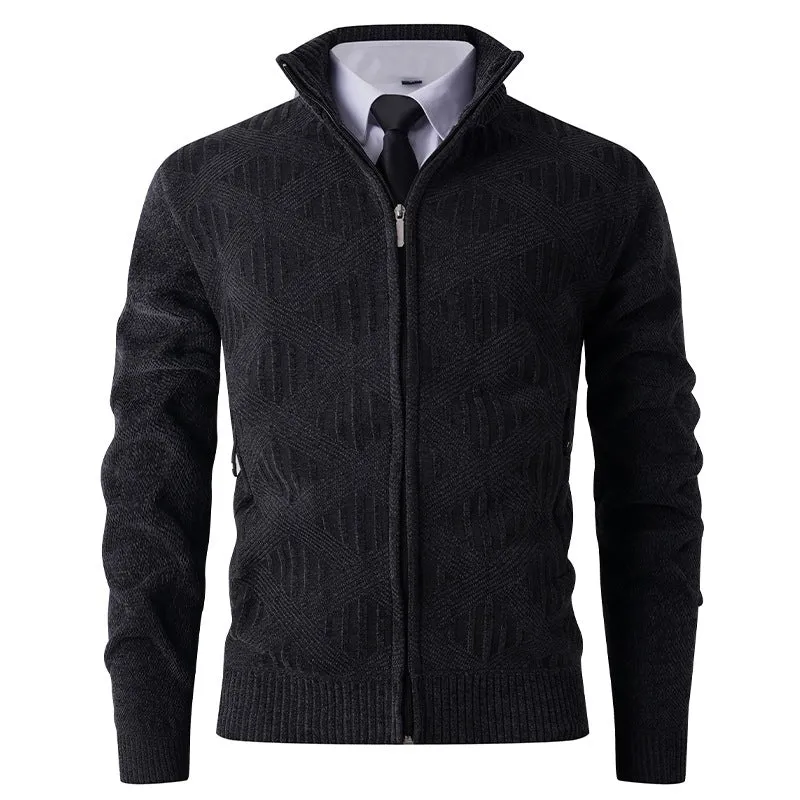 Herren Geometrischer Jacquard-Zipcardigan mit Stehkragen und Reißverschlusstaschen Nord Taschen