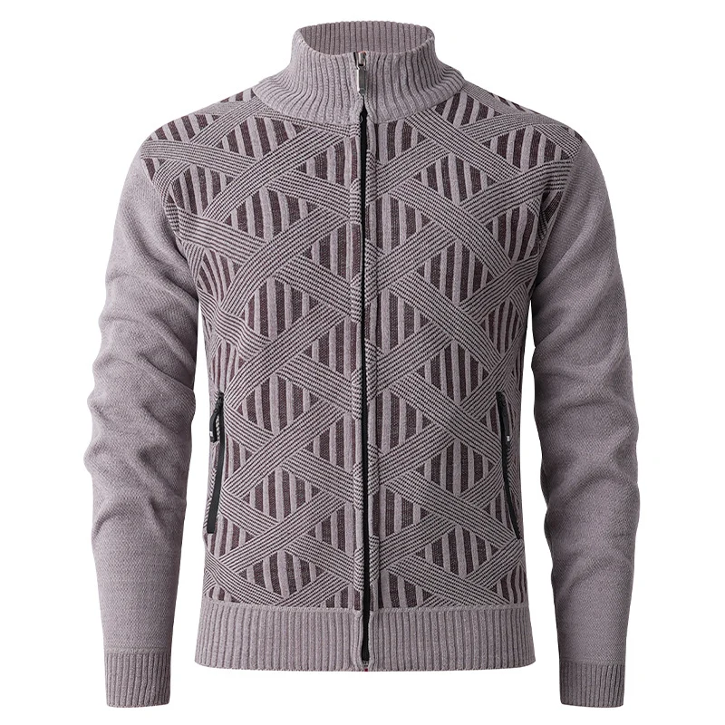 Herren Geometrischer Jacquard-Zipcardigan mit Stehkragen und Reißverschlusstaschen Nord Taschen