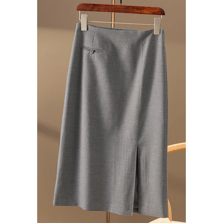 Damen Taillierter Midirock mit hohem Bund, dekorativer Leistentasche und vorderlichem Schlitz Nord Taschen