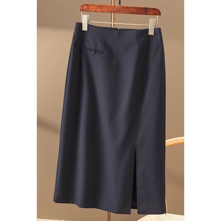 Damen Taillierter Midirock mit hohem Bund, dekorativer Leistentasche und vorderlichem Schlitz Nord Taschen