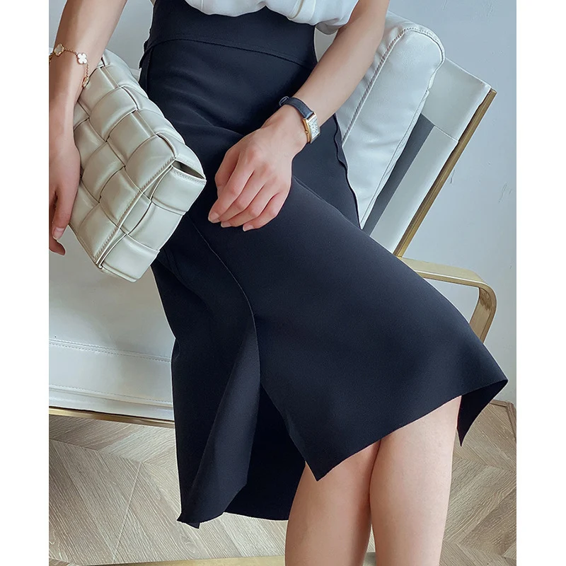 Damen Taillierter Midirock mit asymmetrischer Tulpen-Front und seitlichem Schlitz Nord Taschen