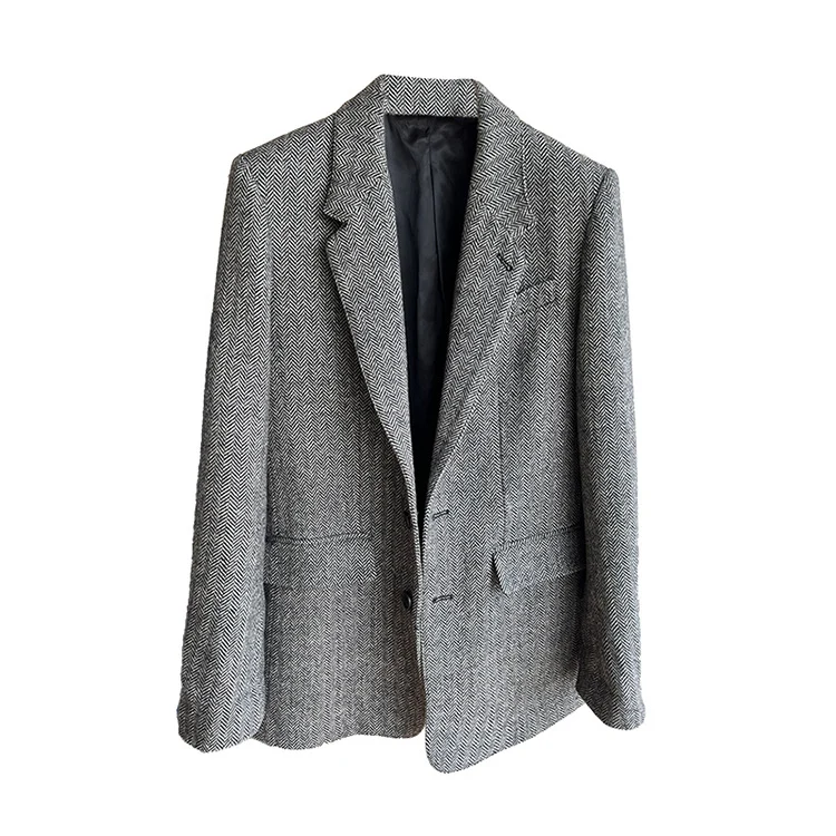 Damen Lockere Wollmix-Blazer im Fischgrät-Tweed mit Kontrast-Ellenbogenpatches Nord Taschen