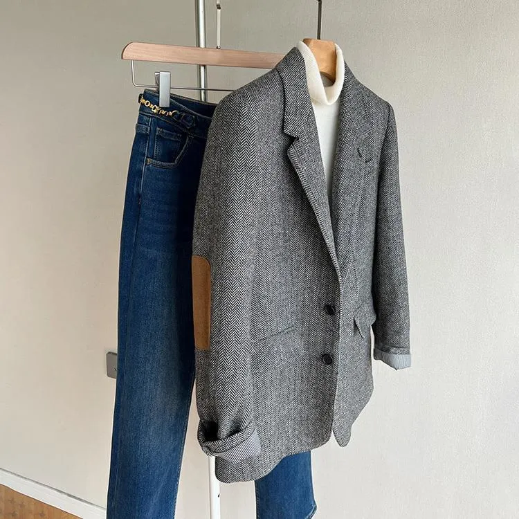 Damen Lockere Wollmix-Blazer im Fischgrät-Tweed mit Kontrast-Ellenbogenpatches Nord Taschen