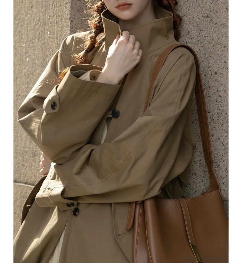 Damen Leichter Oversize-Trenchcoat mit hohem Stehkragen, verstellbaren Manschetten & Bindegürtel Nord Taschen