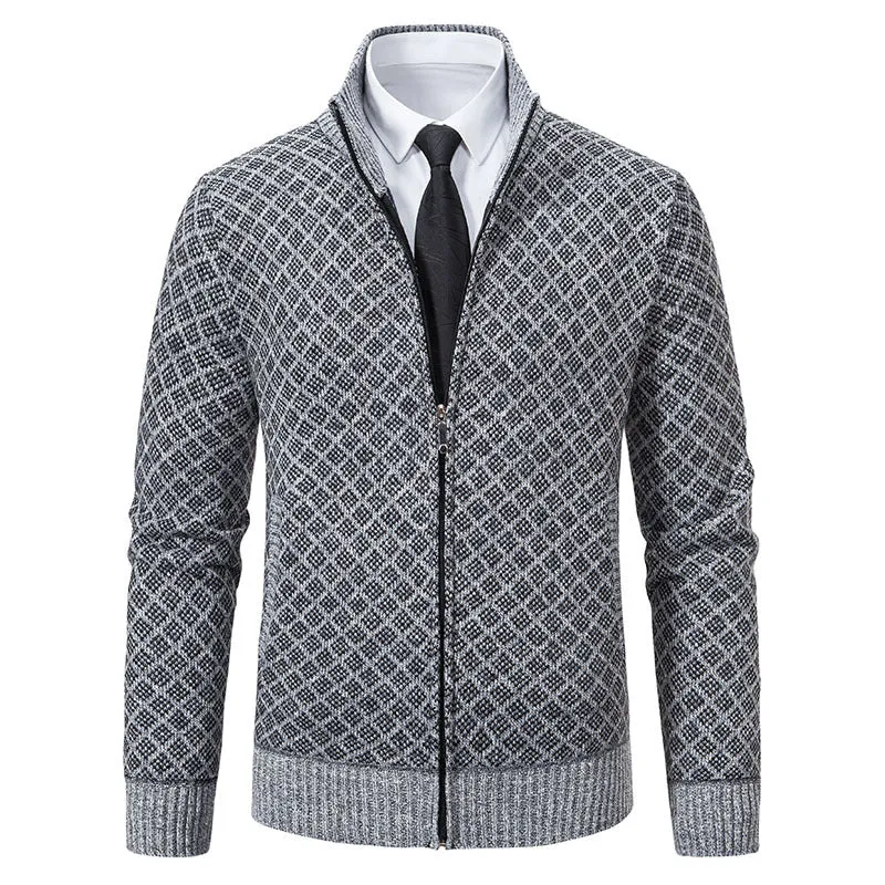 Herren Gemusterte Strickzipjacke mit Stehkragen, Jacquardmuster und Rippbündchen Nord Taschen