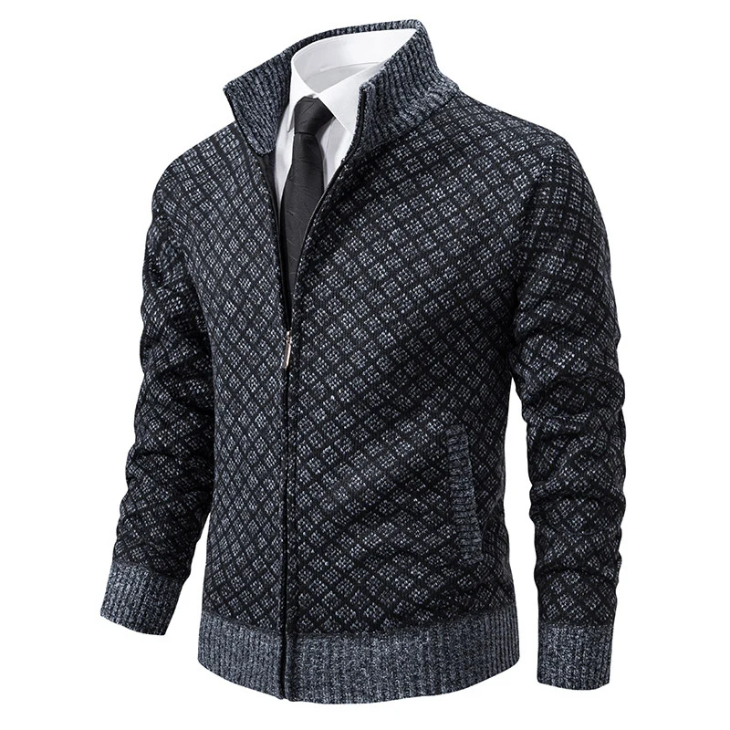 Herren Gemusterte Strickzipjacke mit Stehkragen, Jacquardmuster und Rippbündchen Nord Taschen