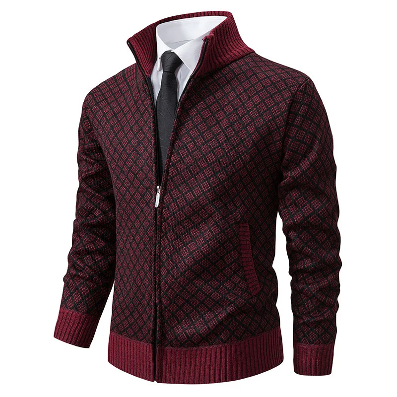 Herren Gemusterte Strickzipjacke mit Stehkragen, Jacquardmuster und Rippbündchen Nord Taschen