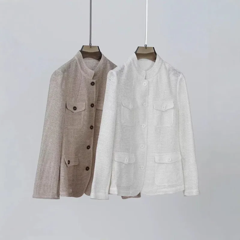 Damen Leichte Häkeloptik-Übergangsjacke mit Rundkragen und Pattentaschen Nord Taschen