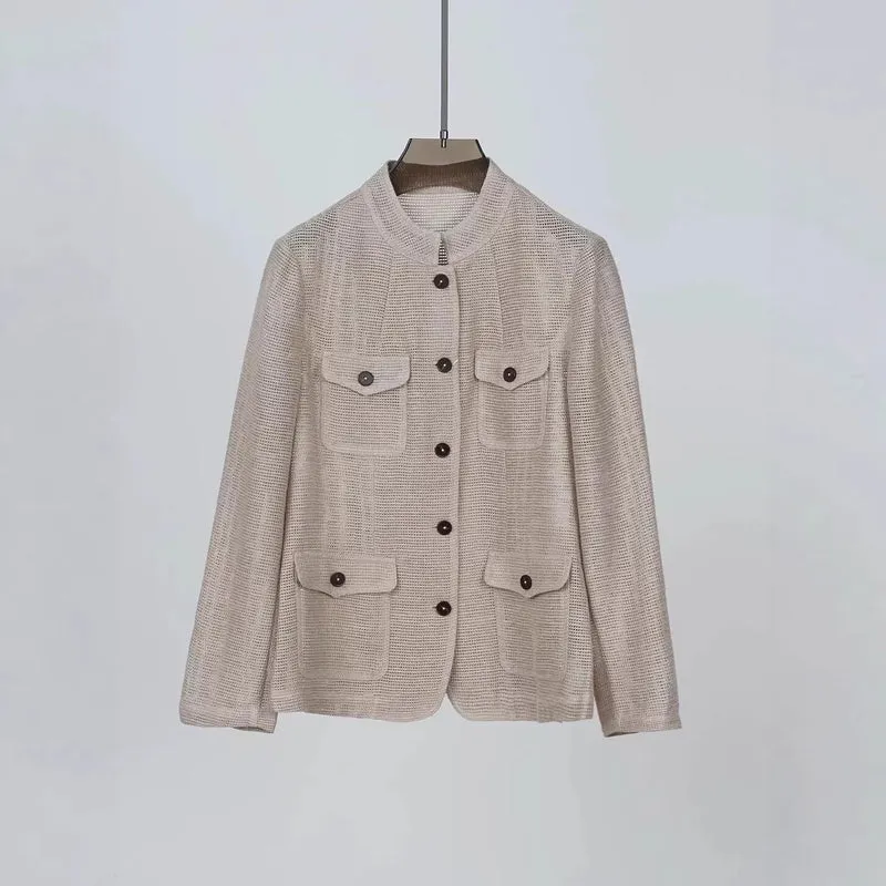Damen Leichte Häkeloptik-Übergangsjacke mit Rundkragen und Pattentaschen Nord Taschen