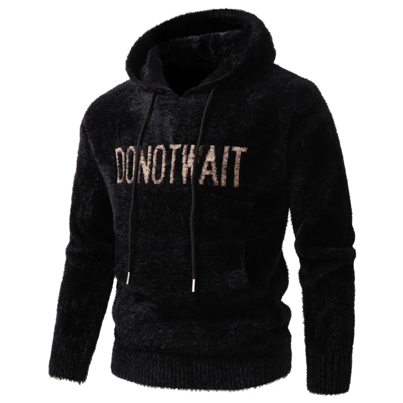 Herren Flauschiger Kapuzenpullover aus Teddy-Fleece mit Statement-Frontprint und Kängurutasche Nord Taschen