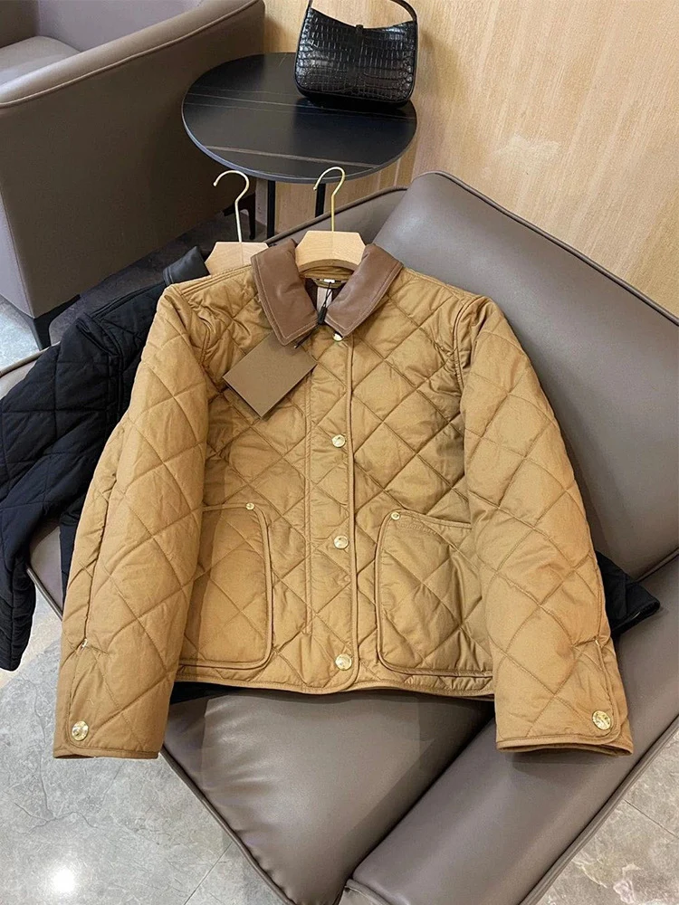 Damen gesteppte Übergangsjacke mit Lederkragen und Druckknopfverschluss Nord Taschen