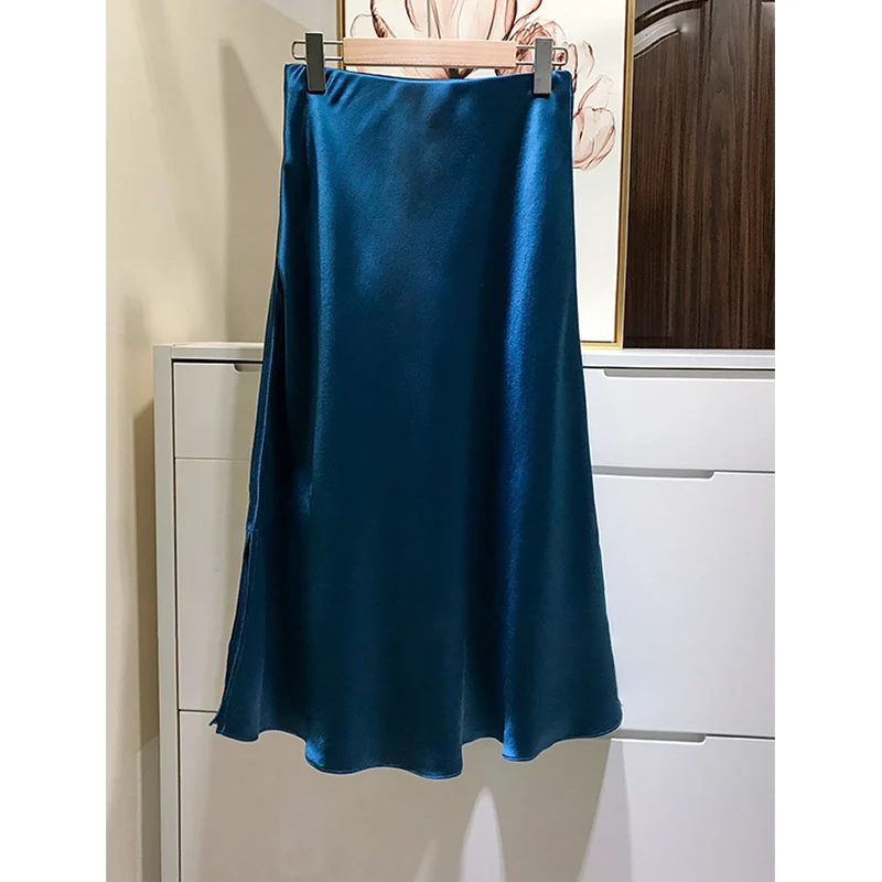 Damen Fließender Satin-Bias-Midirock mit hohem Bund und seitlichen Schlitzen Nord Taschen