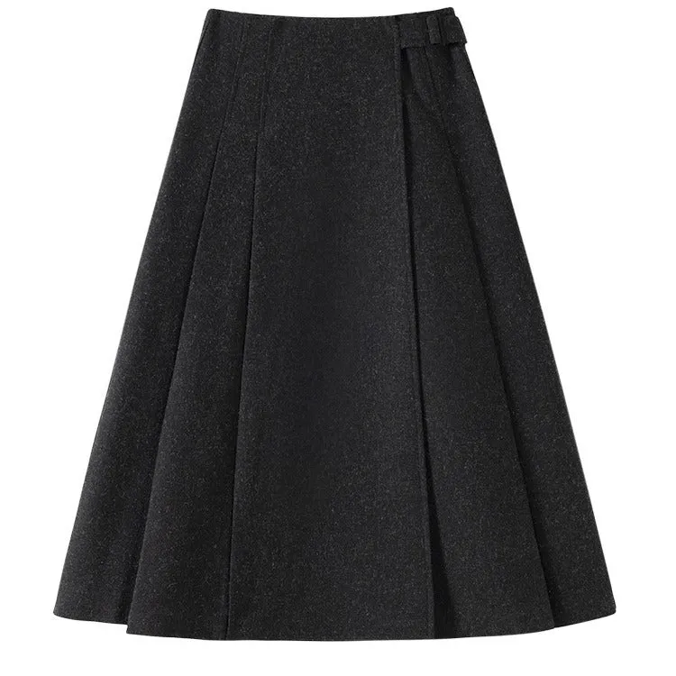 Damen Taillenhoher Midi-A-Linienrock aus Wollmix mit eingelegten Falten und Zierlasche Nord Taschen