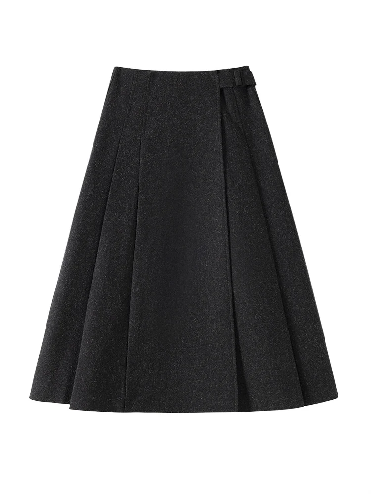 Damen Taillenhoher Midi-A-Linienrock aus Wollmix mit eingelegten Falten und Zierlasche Nord Taschen