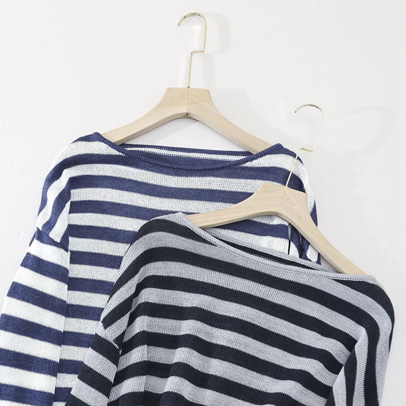 Damen lässiger Oversize Strickpullover mit U-Boot-Ausschnitt und maritimen Querstreifen Nord Taschen