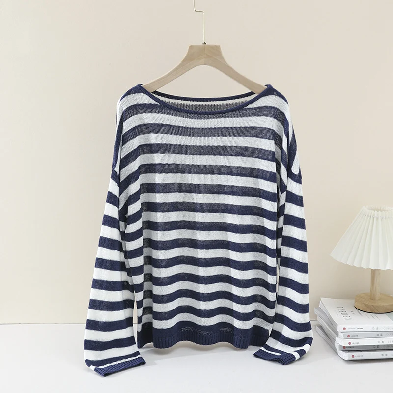 Damen lässiger Oversize Strickpullover mit U-Boot-Ausschnitt und maritimen Querstreifen Nord Taschen