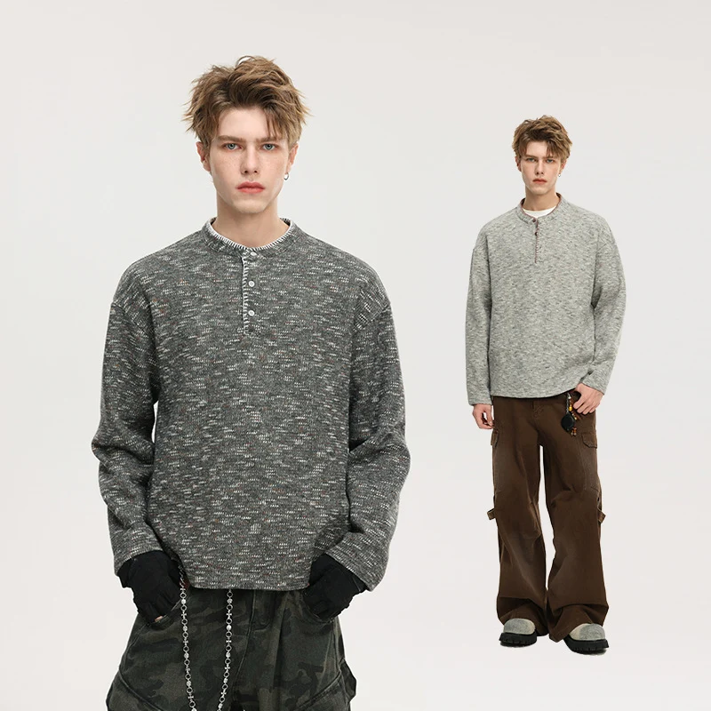 Herren Melange-Henley-Strickpullover mit Knopfleiste und legerer Passform Nord Taschen
