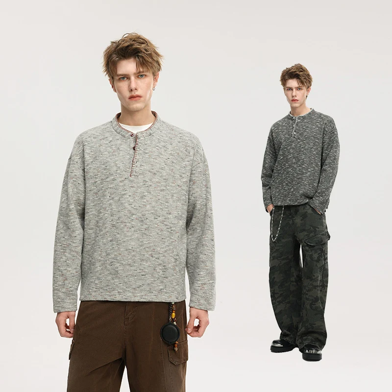 Herren Melange-Henley-Strickpullover mit Knopfleiste und legerer Passform Nord Taschen