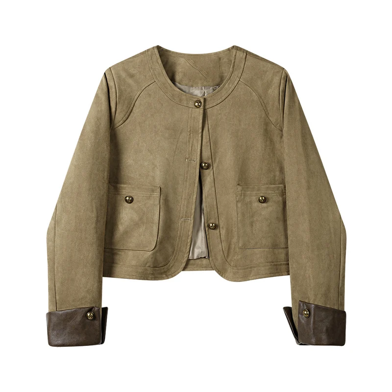 Damen Kurzjacke aus Veloursleder mit Rundhals, aufgesetzten Taschen & Umschlagmanschetten Nord Taschen