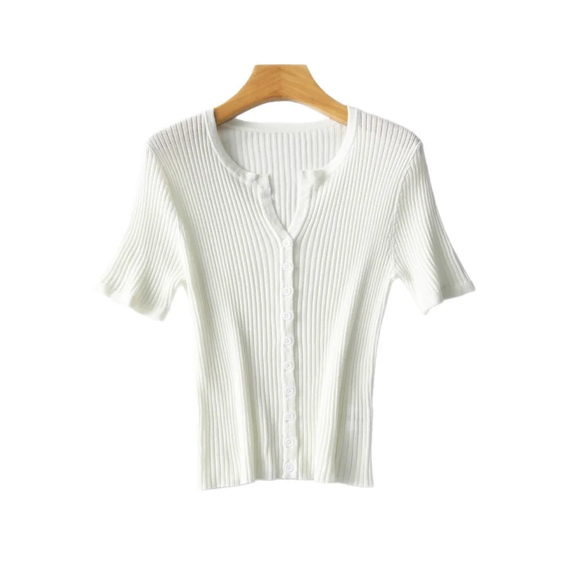 Damen Kurzärmeliger gerippter Knopfcardigan aus Feinstrick Nord Taschen