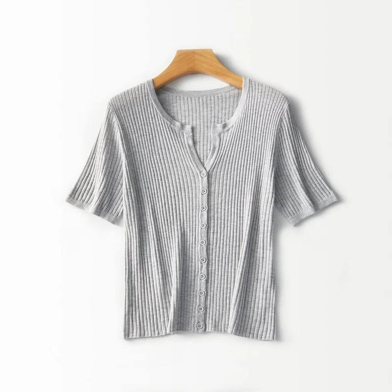 Damen Kurzärmeliger gerippter Knopfcardigan aus Feinstrick Nord Taschen