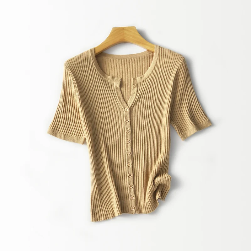 Damen Kurzärmeliger gerippter Knopfcardigan aus Feinstrick Nord Taschen