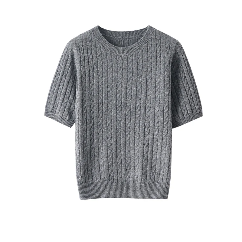 Damen Kurzarm-Strickpullover mit Zopfmuster und feinem Rundhalsausschnitt Nord Taschen
