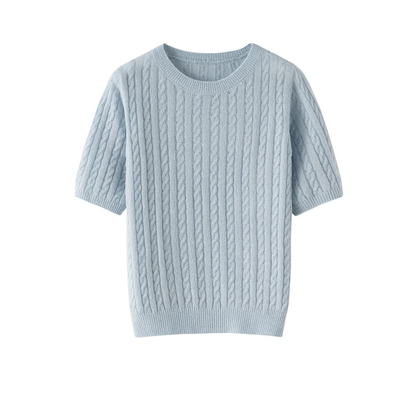 Damen Kurzarm-Strickpullover mit Zopfmuster und feinem Rundhalsausschnitt Nord Taschen