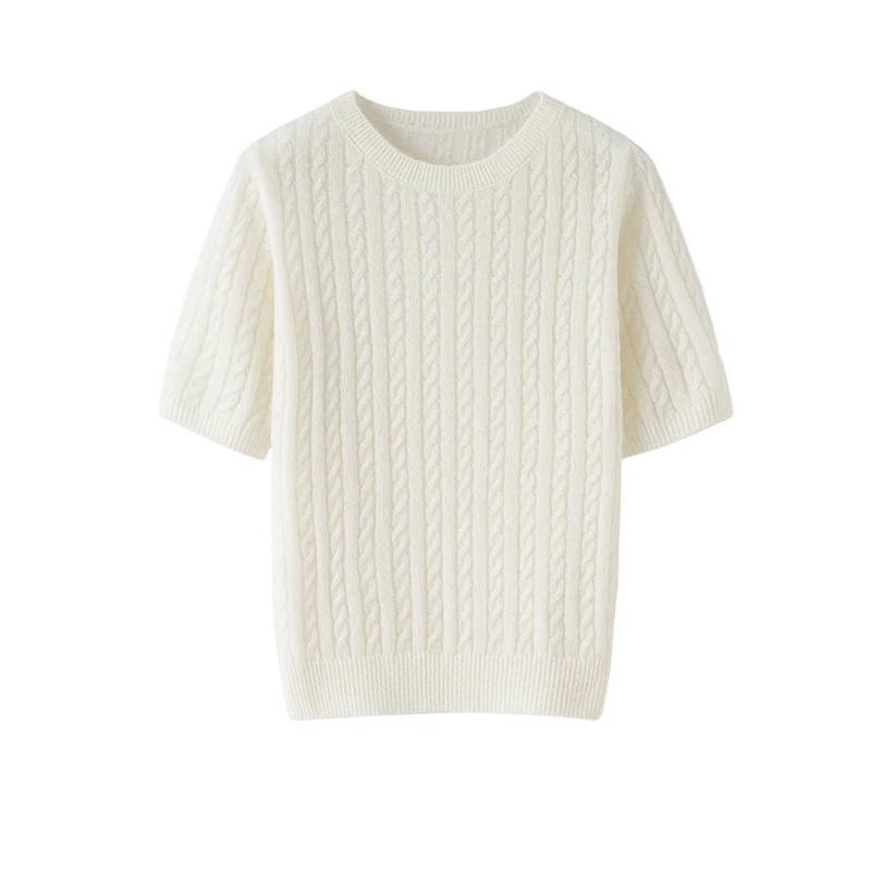 Damen Kurzarm-Strickpullover mit Zopfmuster und feinem Rundhalsausschnitt Nord Taschen