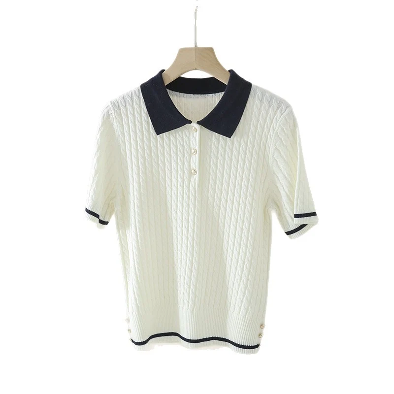 Damen Kurzarm Strickpoloshirt mit Zopfmuster und Kontrastkragen Nord Taschen