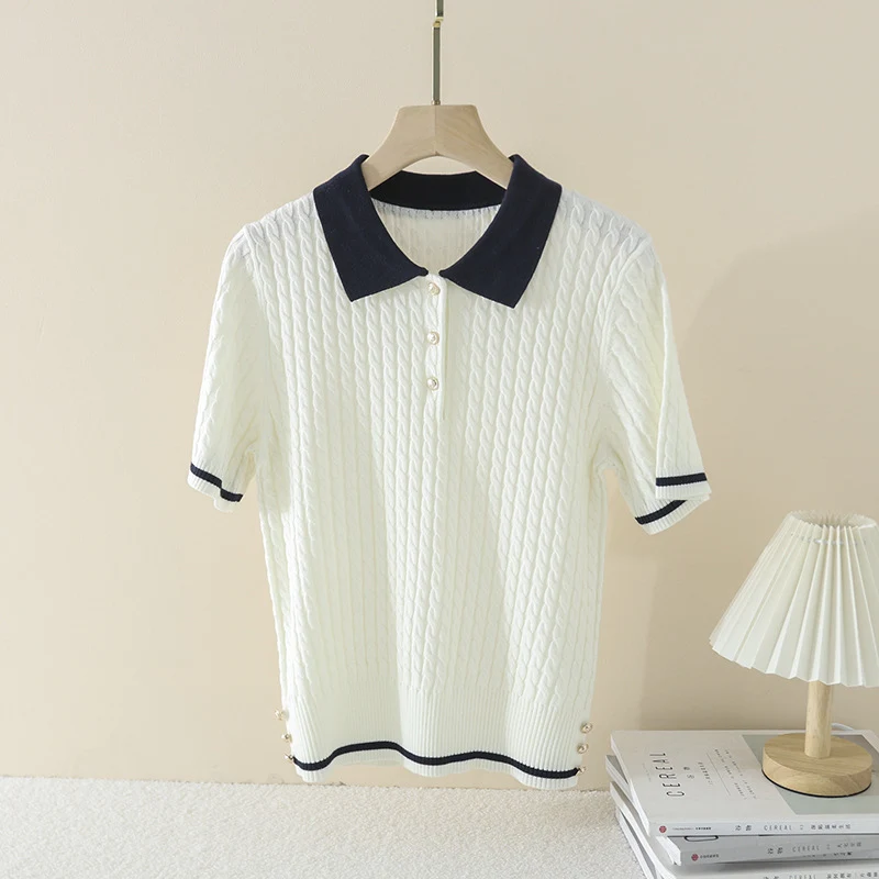 Damen Kurzarm Strickpoloshirt mit Zopfmuster und Kontrastkragen Nord Taschen