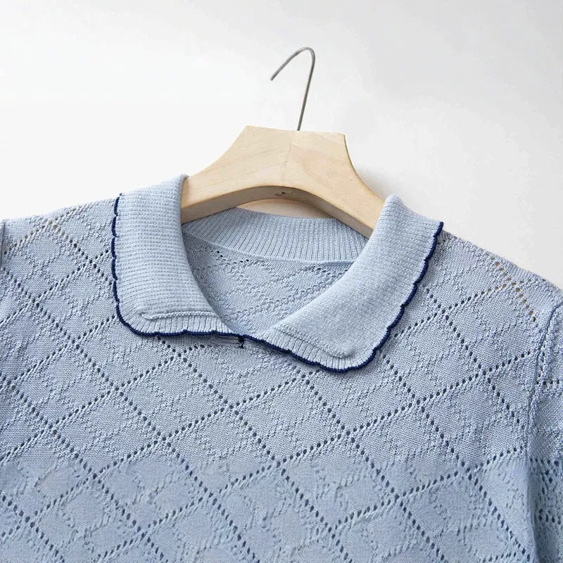 Damen Kurzarm-Feinstrickpullover mit Peter-Pan-Kragen, Ajour-Diamantmuster und feiner Kontrastkante Nord Taschen