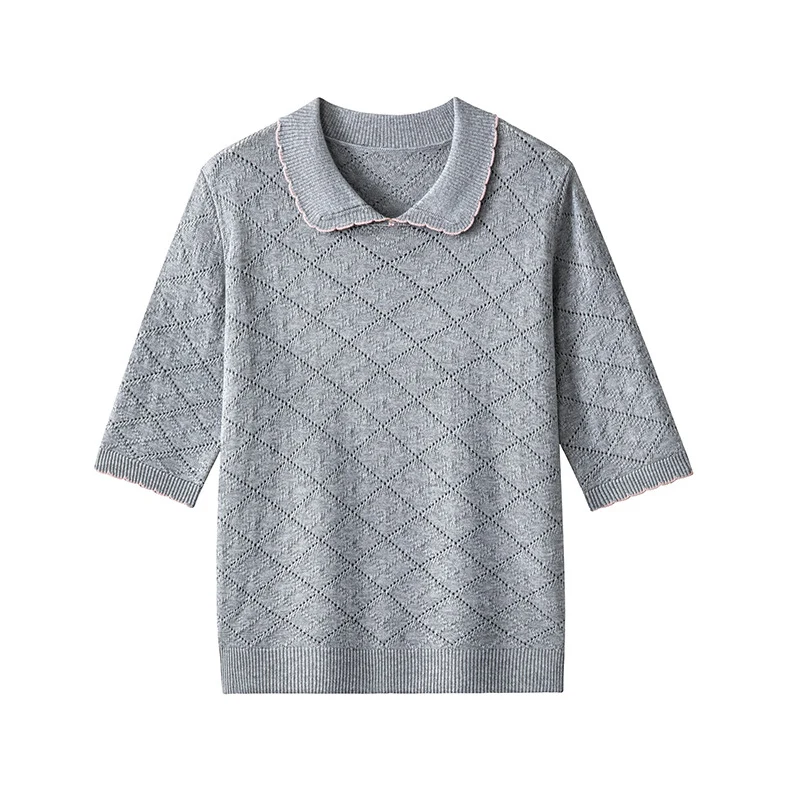 Damen Kurzarm-Feinstrickpullover mit Peter-Pan-Kragen, Ajour-Diamantmuster und feiner Kontrastkante Nord Taschen
