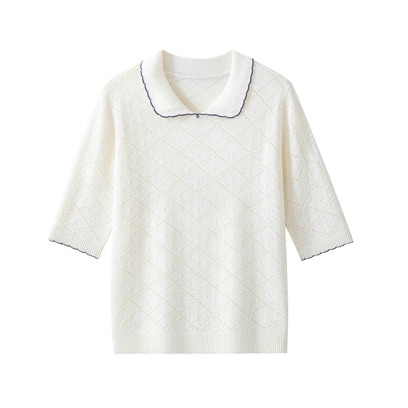 Damen Kurzarm-Feinstrickpullover mit Peter-Pan-Kragen, Ajour-Diamantmuster und feiner Kontrastkante Nord Taschen