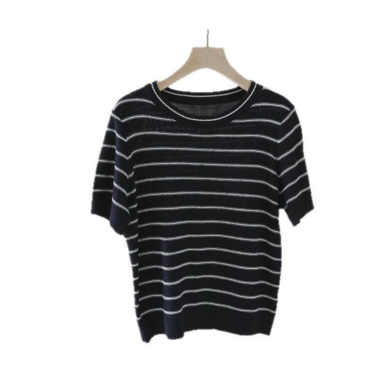 Damen Kurzarm-Feinstrickpullover mit maritimen Streifen Nord Taschen