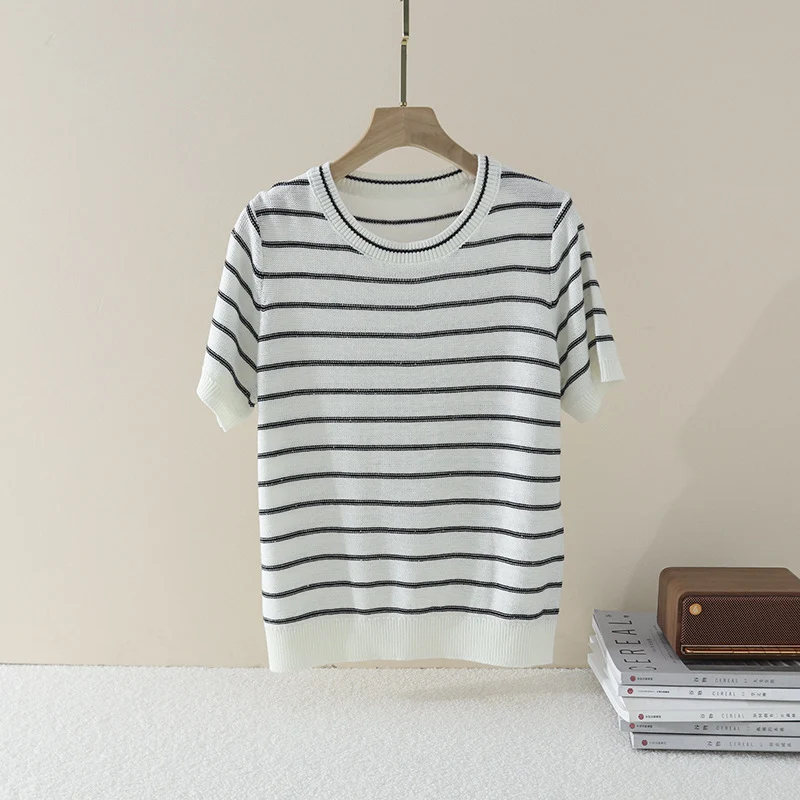 Damen Kurzarm-Feinstrickpullover mit maritimen Streifen Nord Taschen